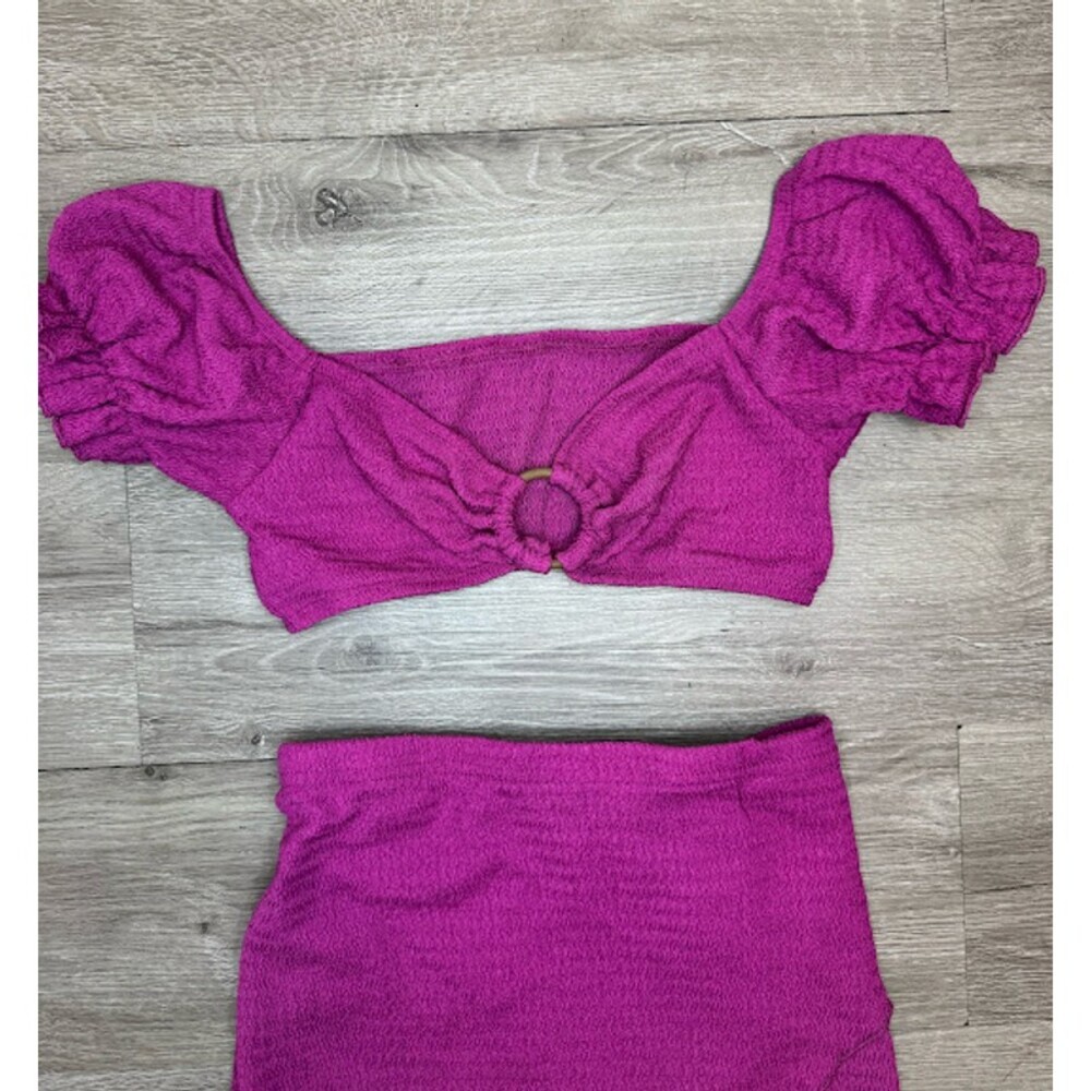 Purple Textured 2 Piece Skirt Set Puff Sleeve Crop Top Wrap Maxi Skirt XS - Picture 7 of 7